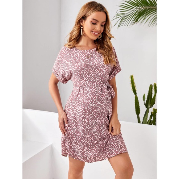 Maternity dot Print Roll Up short Sleeve Belted mini Dress pink - Picture 4 of 11